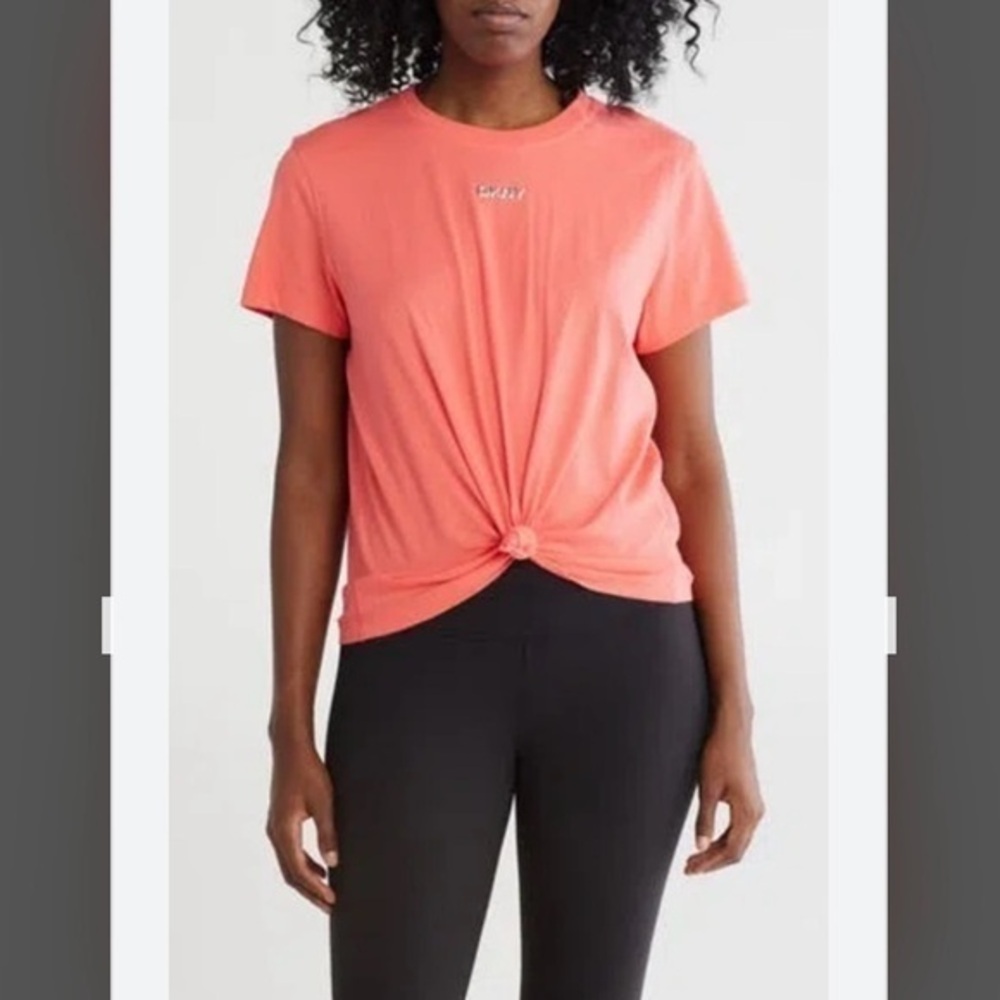 DKNY METALLIC BUBBLE LOGO KNOT FRONT T-SHIRT IN CORAL CRUSH Size S